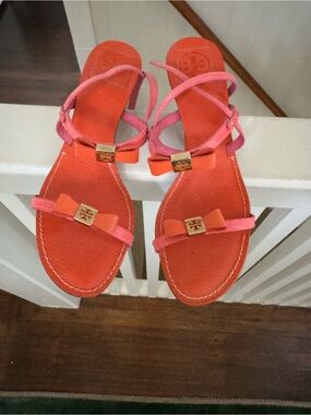 Tory Burch Coral Orange and Pink Bow Strap Sandals